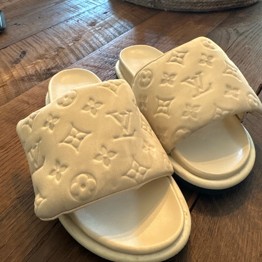 Cream Slide Sandals with Embossed Monogram